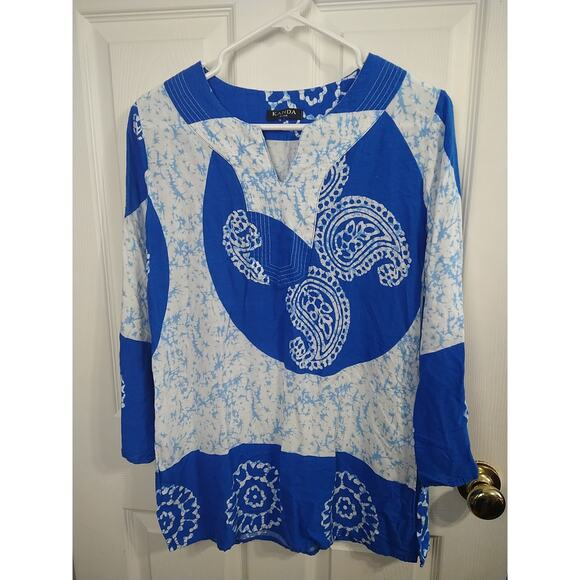 KANDA Woman XL/44 Tunic Pullover V Neck Blue White Paisley Boho Chic Hippie - Picture 1 of 8